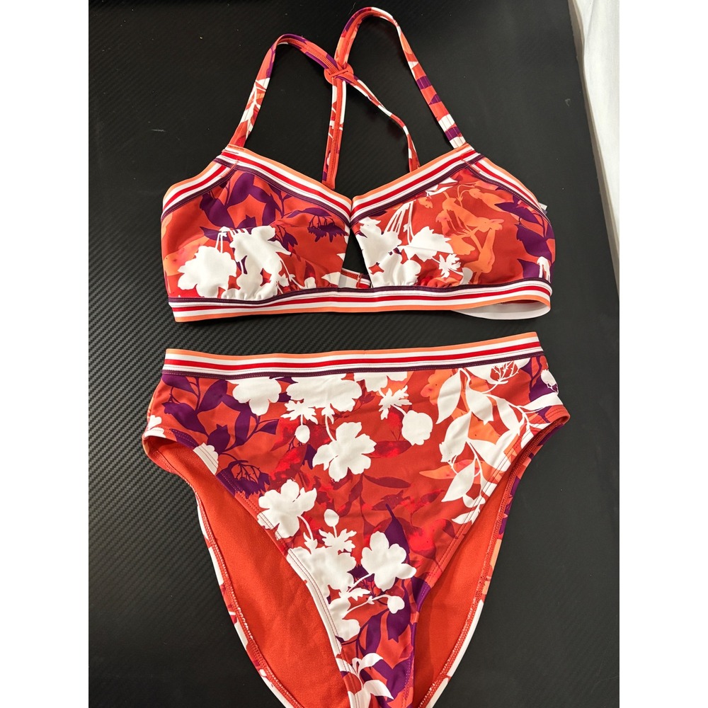 Adore Me Floral Bikini Set Orange Purple High Waisted XL Top M Bottoms
